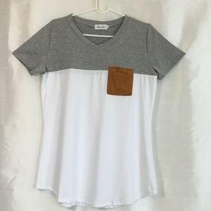 Kinlonsar Mens White Gray Color Block Pocket T